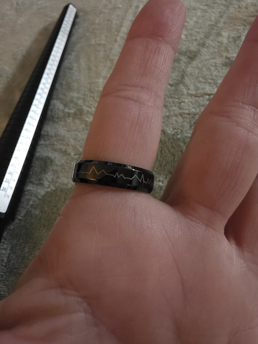 Black Stainless Steel Ring with Heartbeat Engraving. Size 10 See Pics - Picture 3 of 7